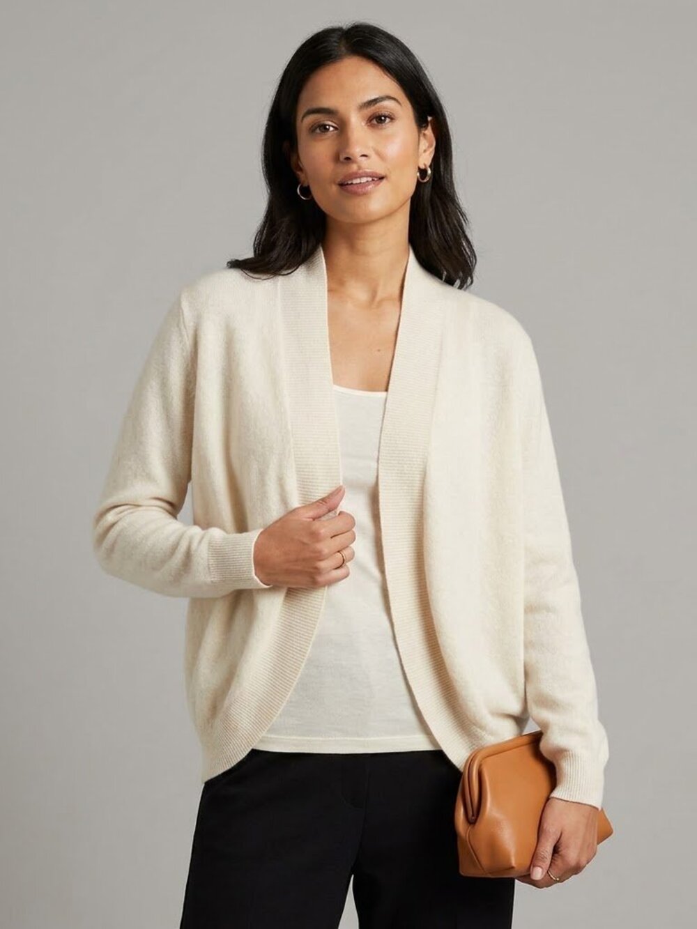 WoolOvers Merino Wool & Cashmere Draped Open-Front Cardigan Cream XL
